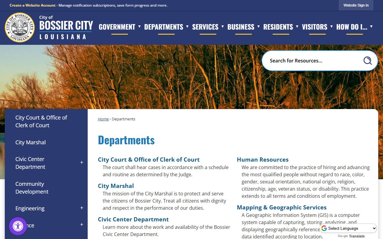 Bossier City departments directory showing all city services