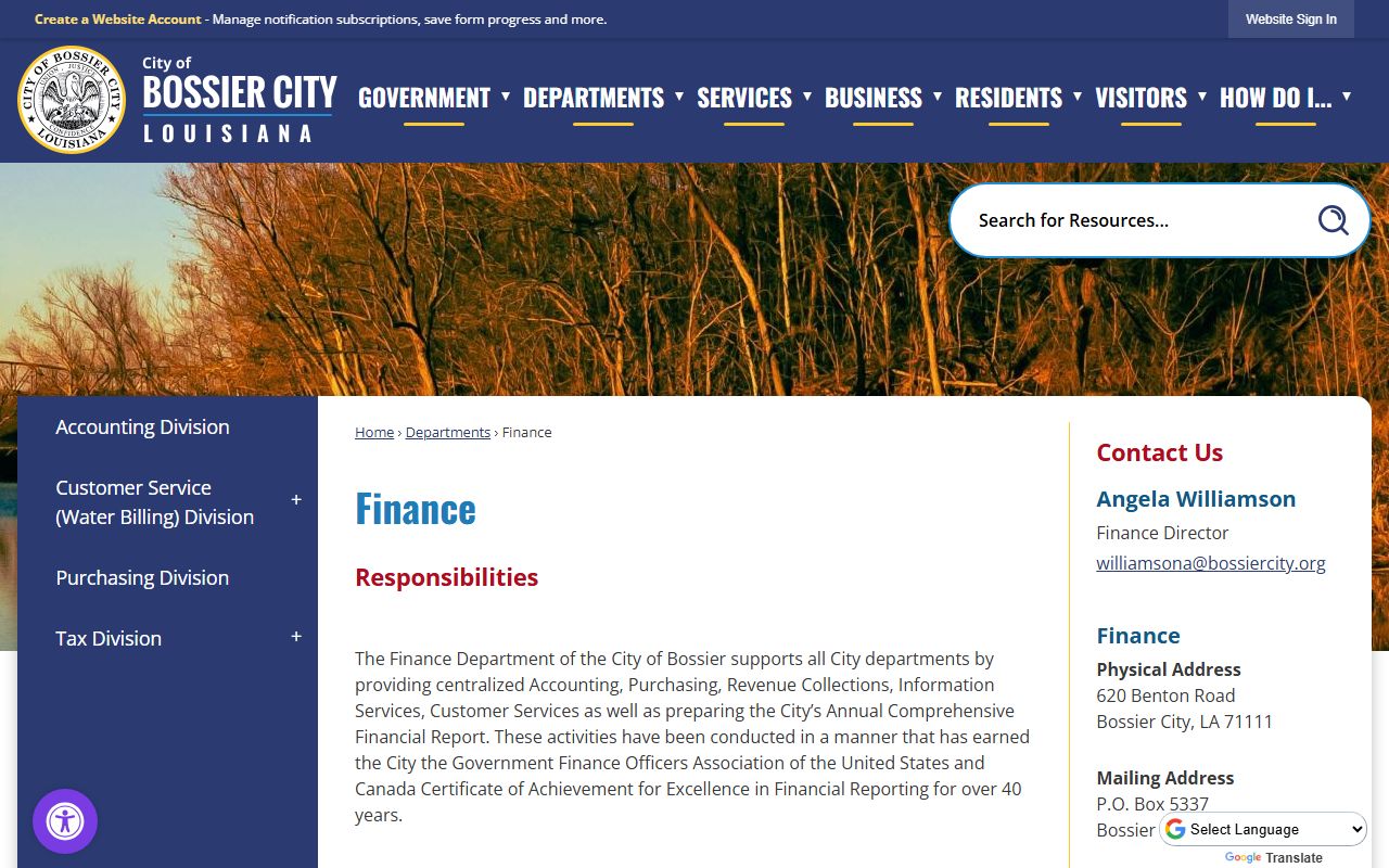 Bossier City Finance Department page showing services and contact information