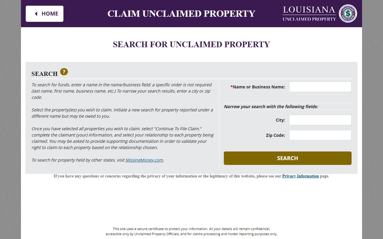 Louisiana unclaimed property search results page for Houma residents