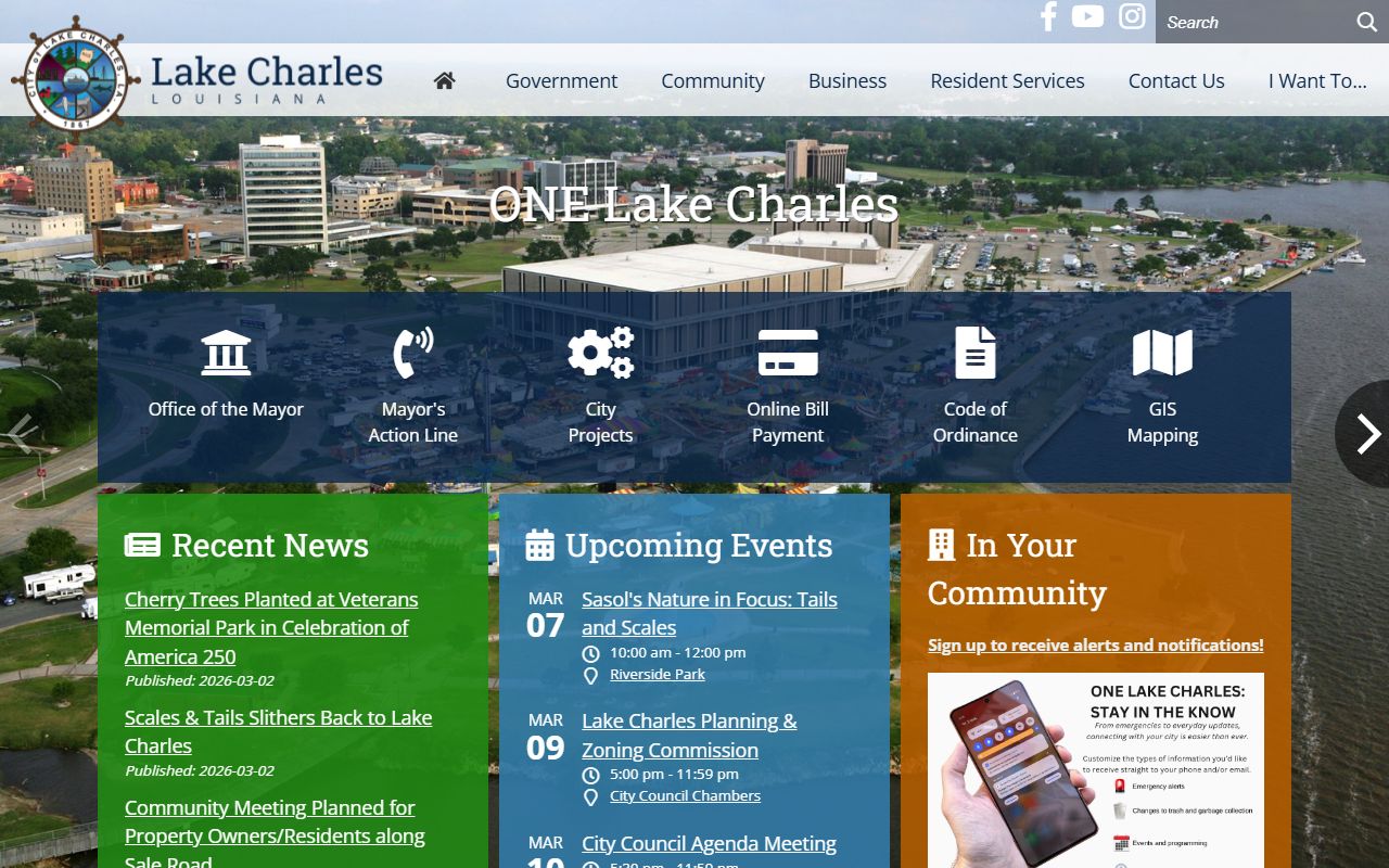 Lake Charles city government portal with finance department resources