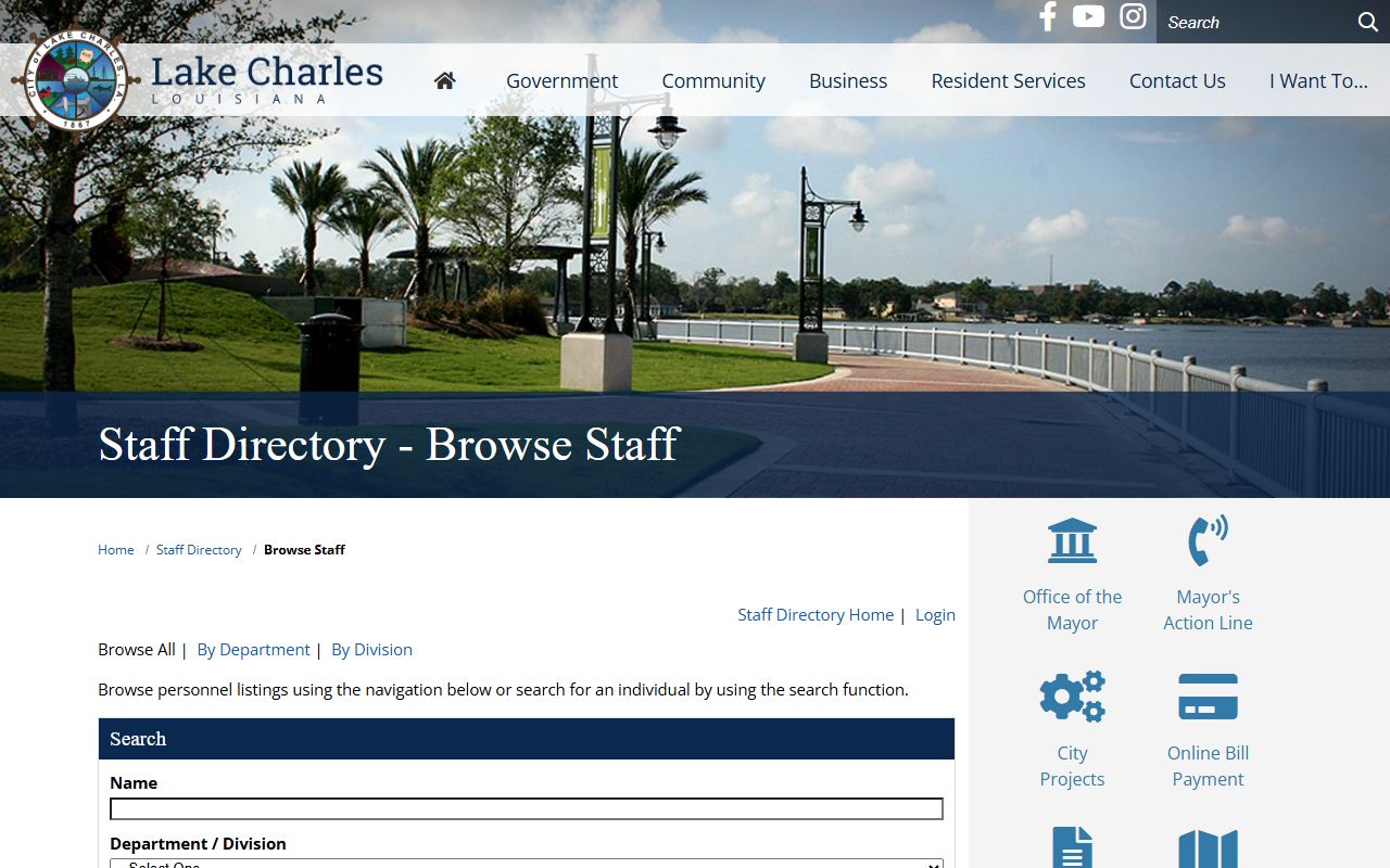 Lake Charles city staff directory with finance department contacts