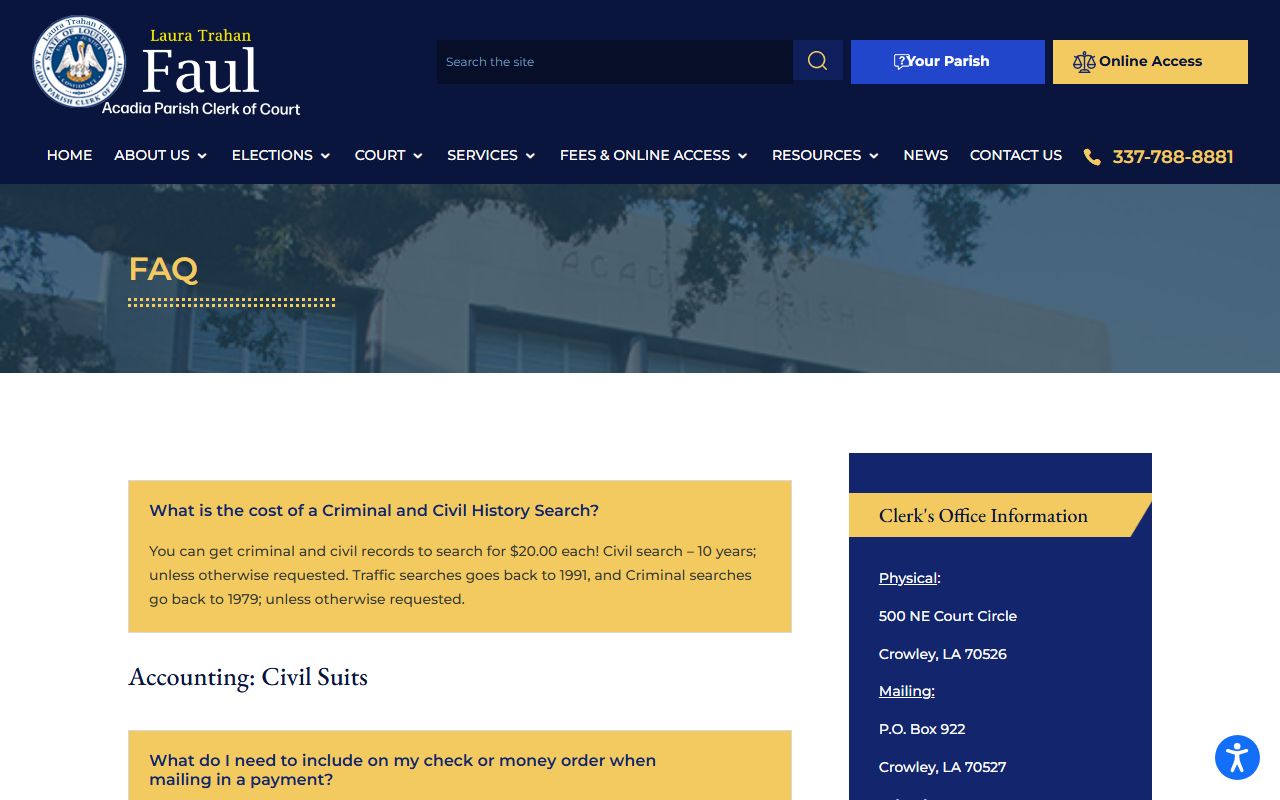 Acadia Parish Clerk of Court FAQ page for unclaimed property questions