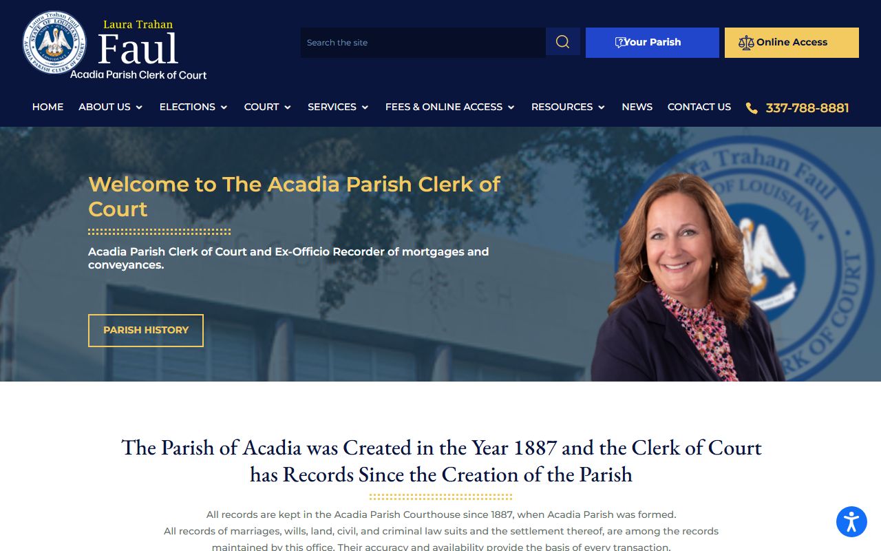 Acadia Parish Clerk of Court homepage for unclaimed property records