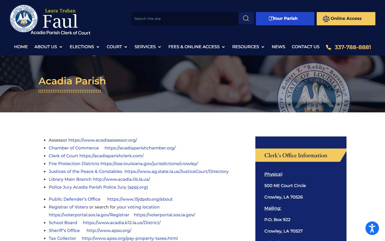 Acadia Parish Clerk of Court information page for unclaimed property searches