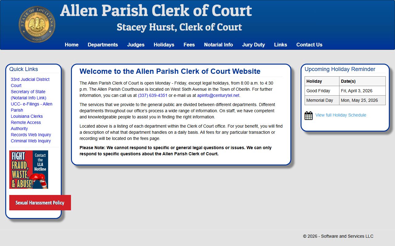 Allen Parish Clerk of Court homepage for unclaimed property records