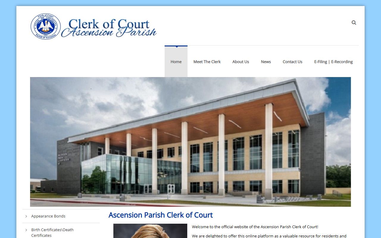Ascension Parish Clerk of Court homepage for unclaimed property records