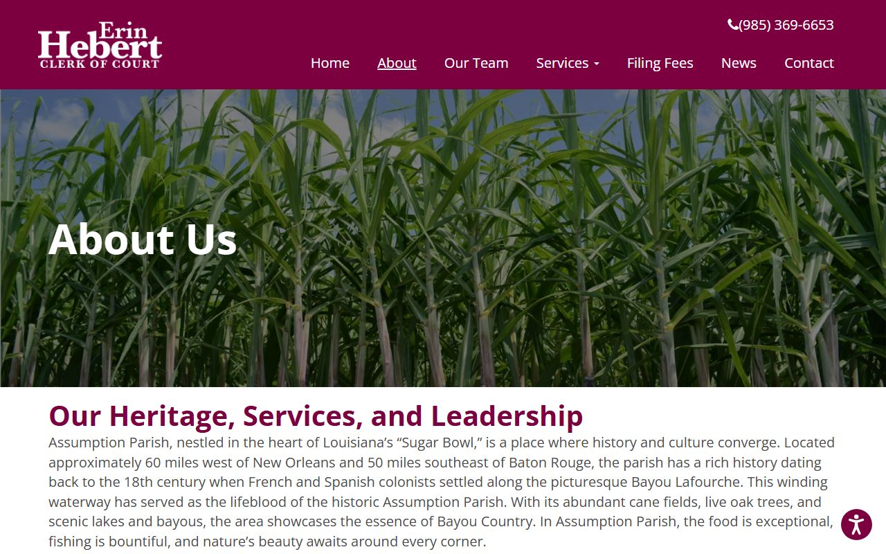 About page for Assumption Parish Clerk of Court unclaimed property office