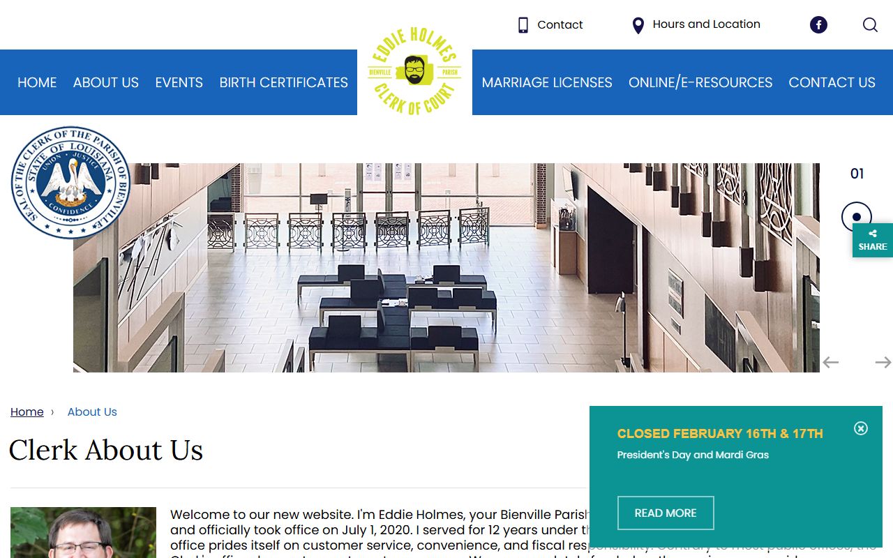 About page for Bienville Parish Clerk of Court