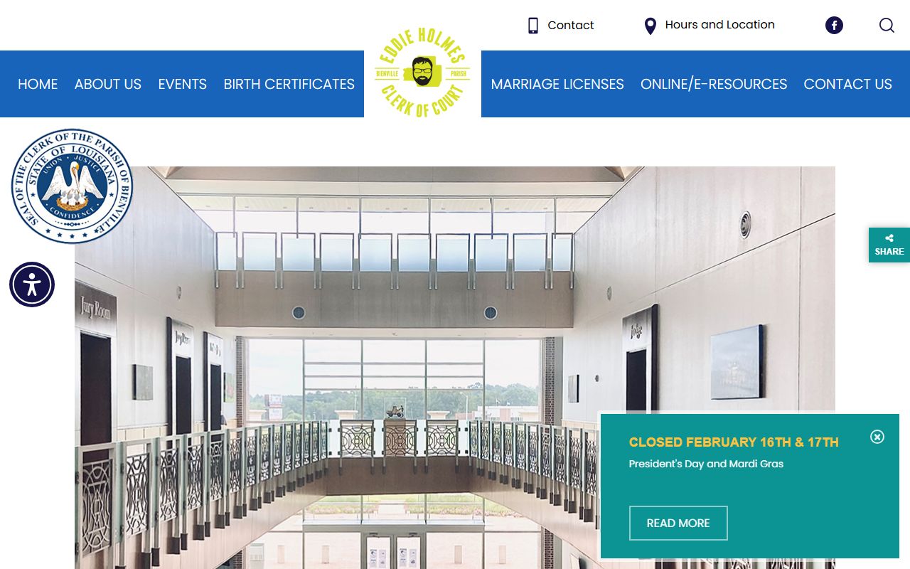 Bienville Parish Clerk of Court homepage for unclaimed property records