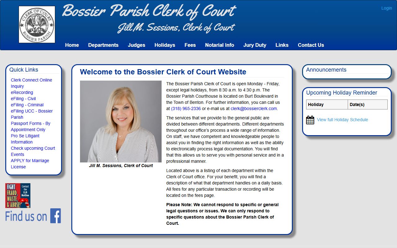 Bossier Parish Clerk of Court homepage for unclaimed property records