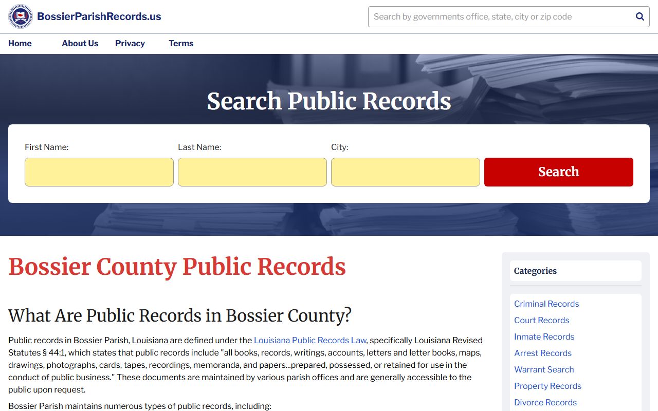 Bossier Parish records website for unclaimed property research