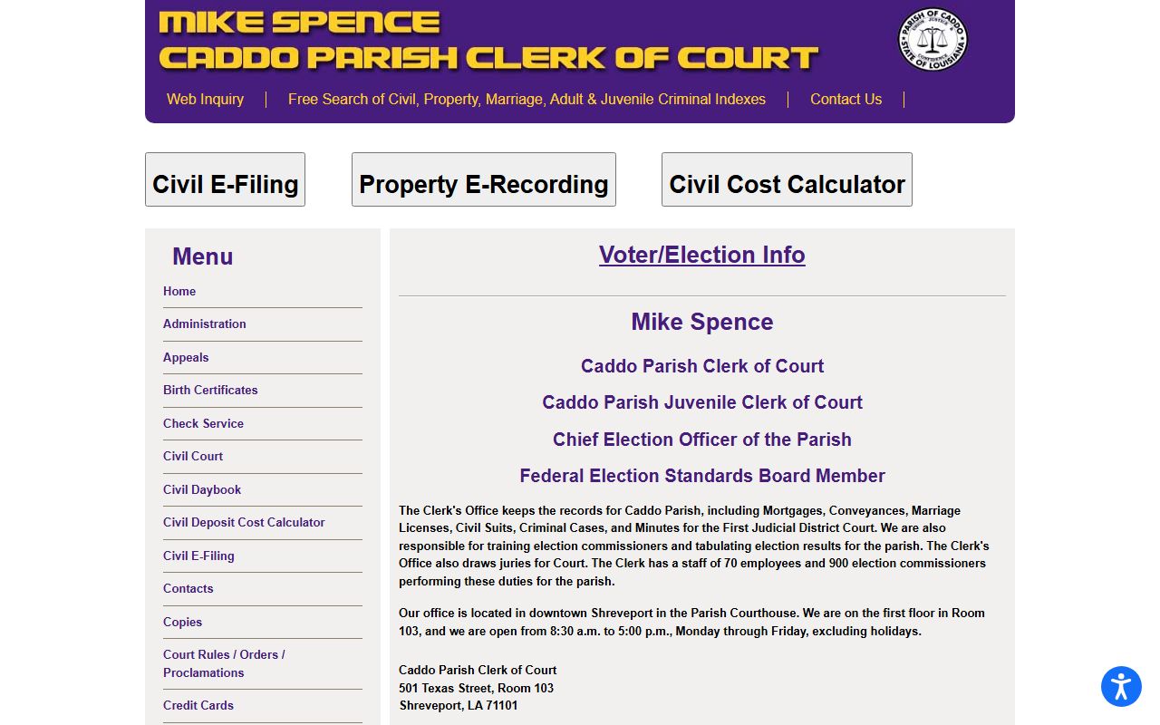 Caddo Parish Clerk of Court homepage for unclaimed property records