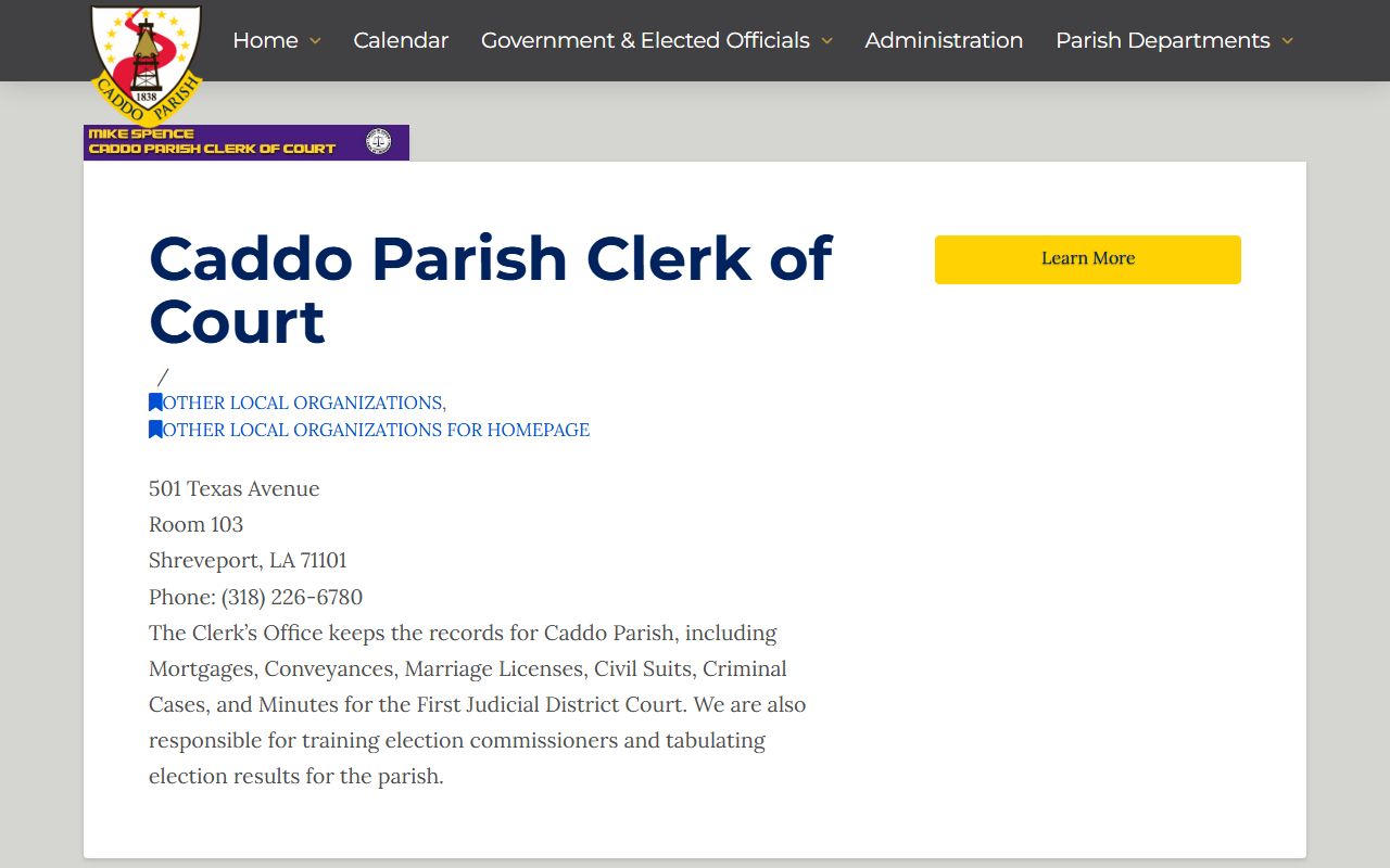 Caddo Parish government page for Clerk of Court unclaimed property