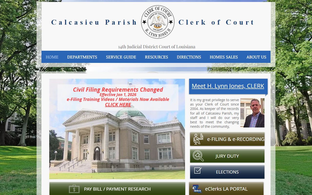 Calcasieu Parish Clerk of Court homepage for unclaimed property records