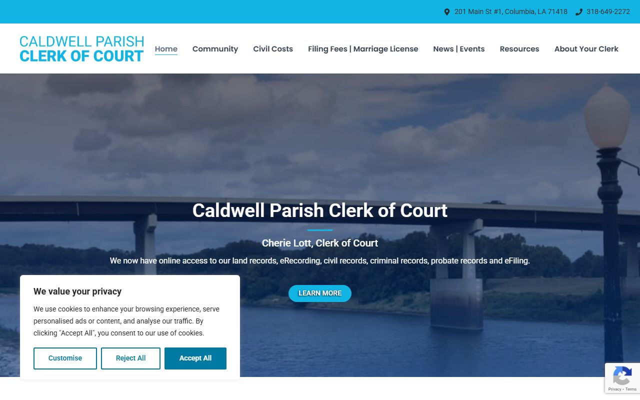 Caldwell Parish Clerk of Court homepage for unclaimed property records