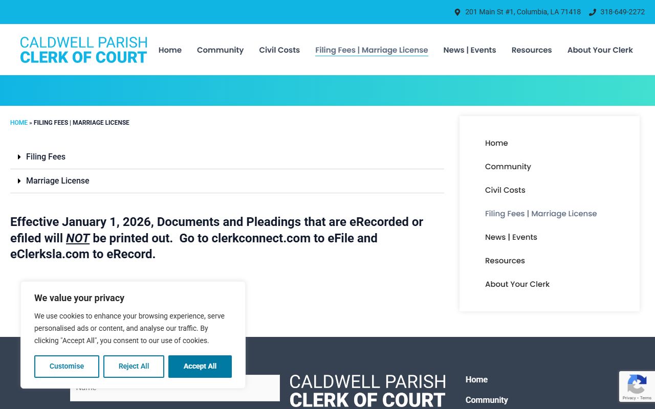 Caldwell Parish filing fees page for unclaimed property record requests