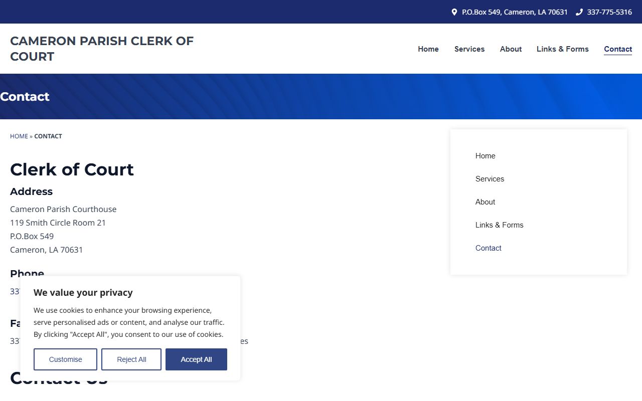 Cameron Parish Clerk contact page for unclaimed property inquiries