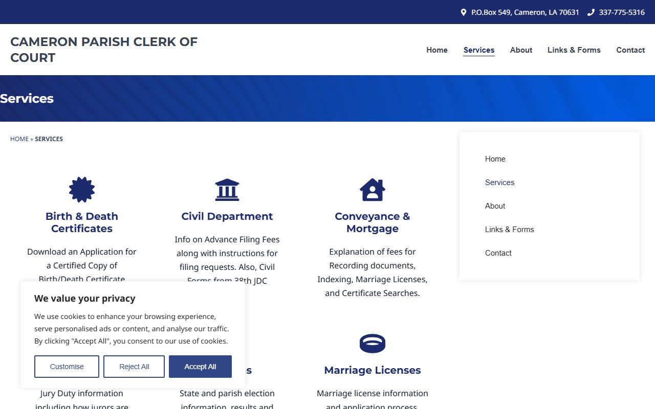Cameron Parish Clerk services page for unclaimed property access