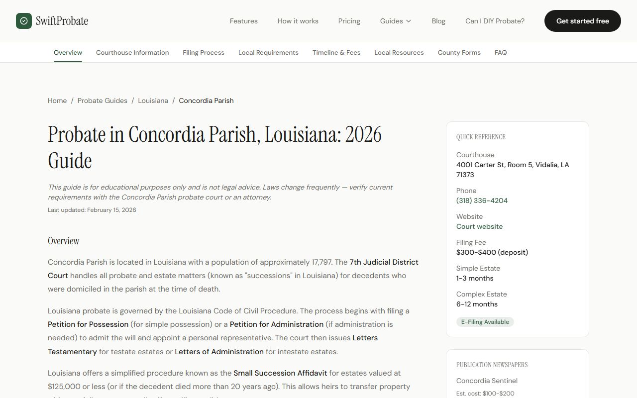 Concordia Parish probate information for unclaimed property estate claims
