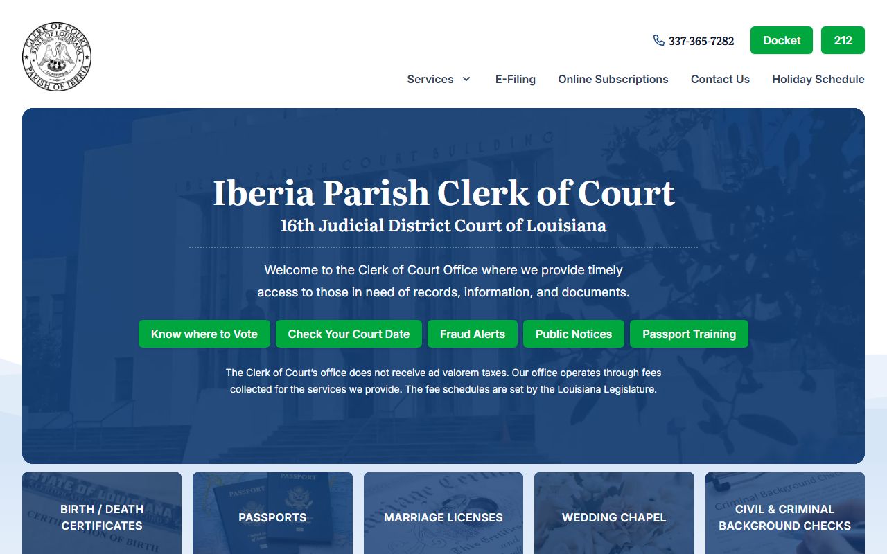 Iberia Parish Clerk of Court homepage for unclaimed property record searches