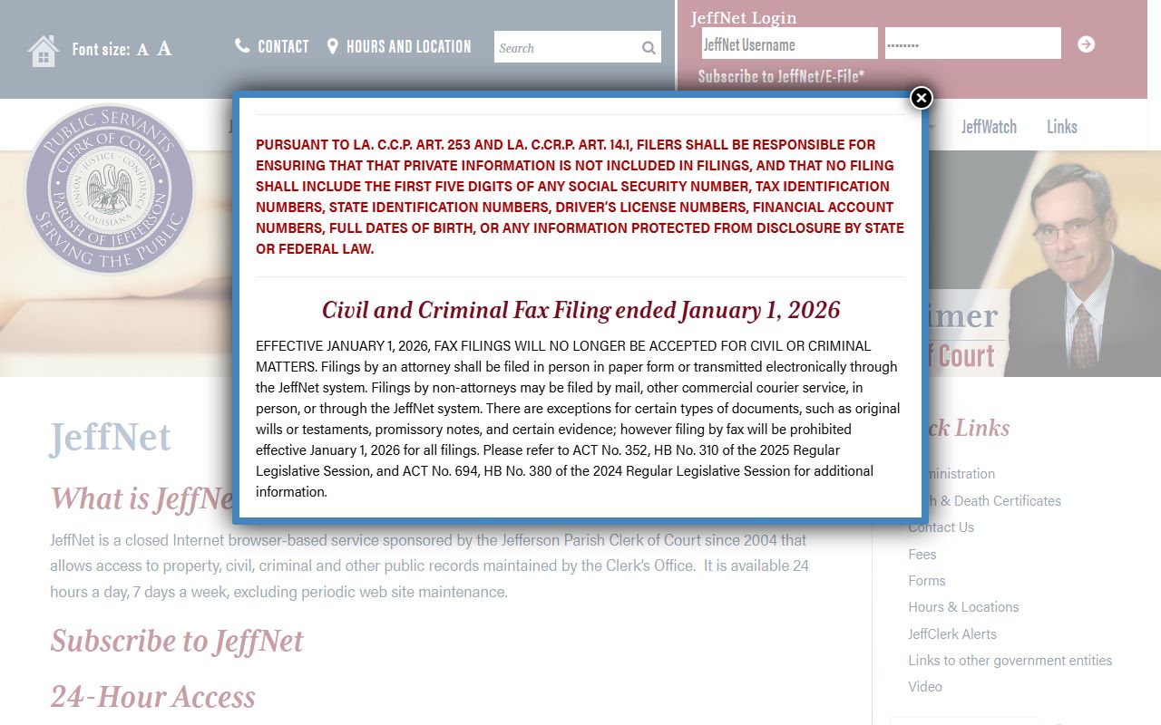 JeffNet login portal for Jefferson Parish unclaimed property record searches