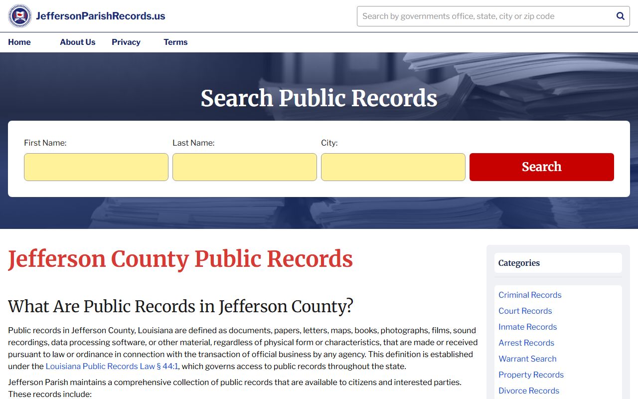 Jefferson Parish Records portal for unclaimed property searches