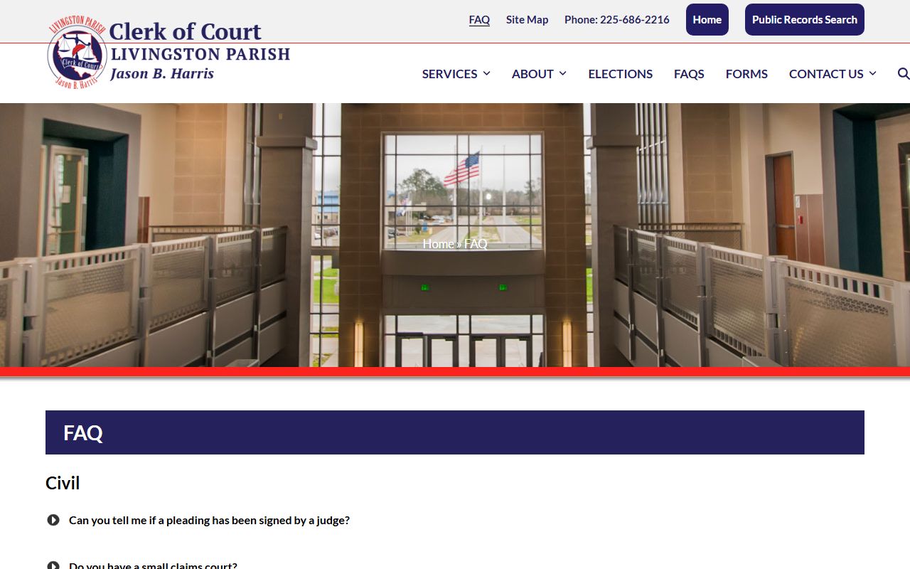 Livingston Parish Clerk of Court FAQ page for unclaimed property questions