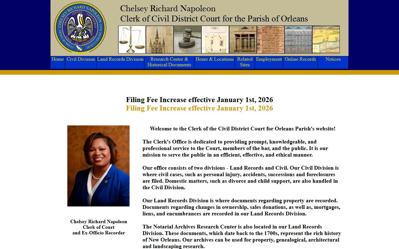 Orleans Parish Civil Clerk of Court homepage for unclaimed property records
