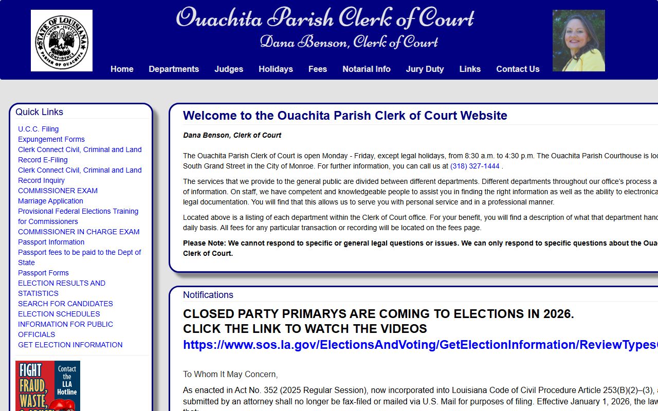 Ouachita Parish Clerk of Court homepage for unclaimed property records