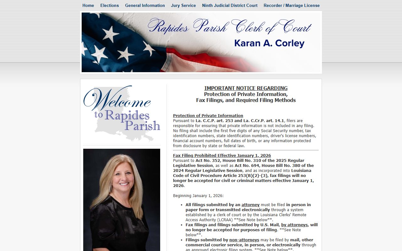 Rapides Parish Clerk of Court homepage for unclaimed property records