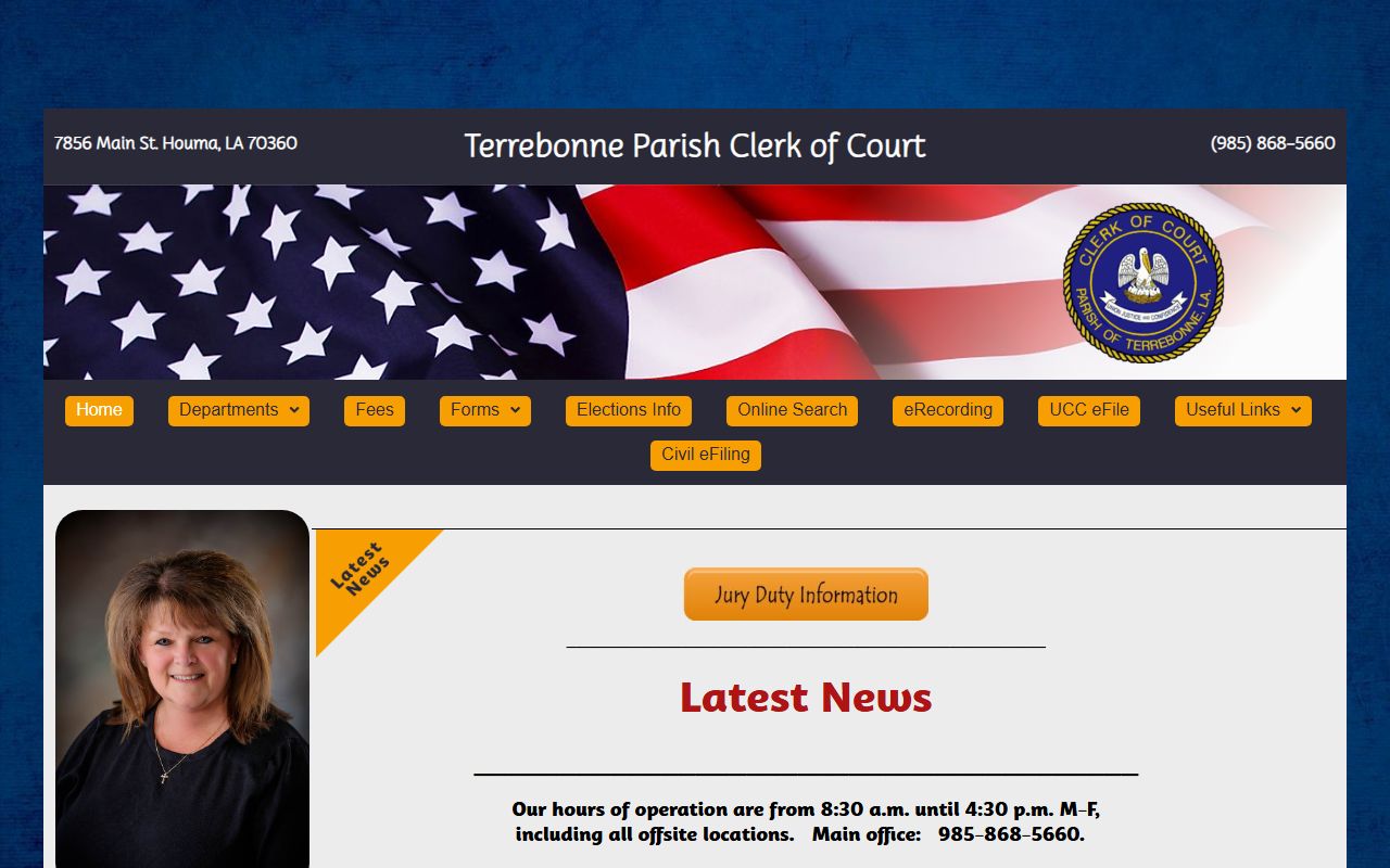 Terrebonne Parish Clerk of Court homepage for unclaimed property records