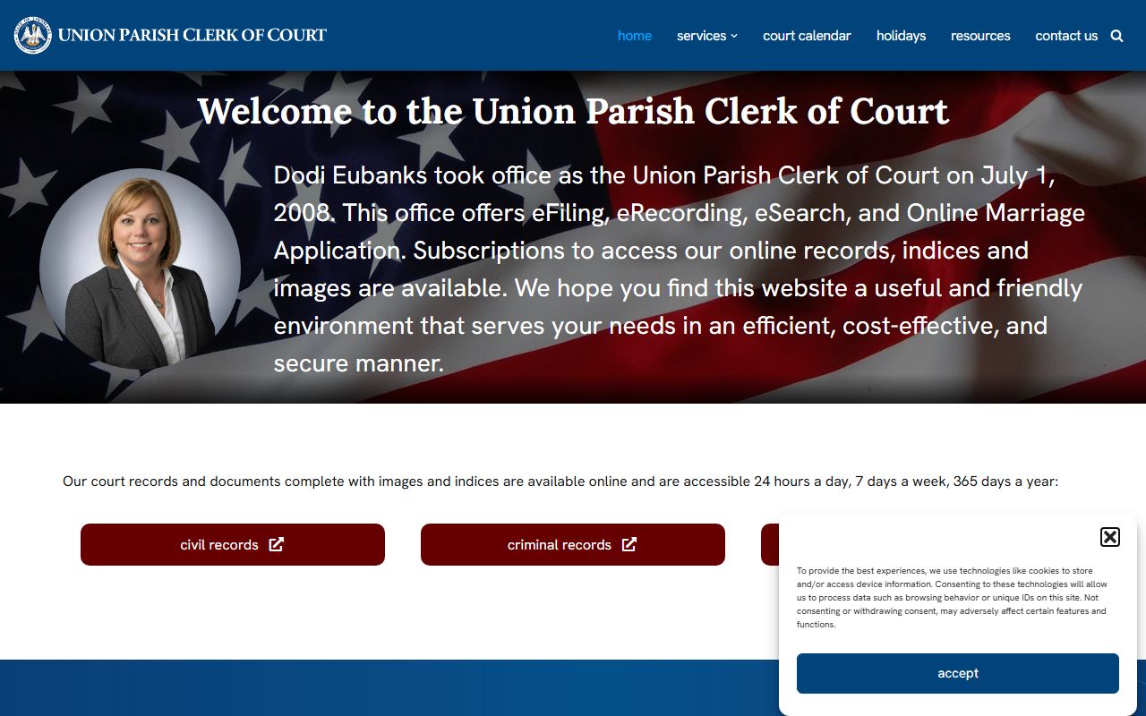 Union Parish Clerk of Court homepage for unclaimed property records