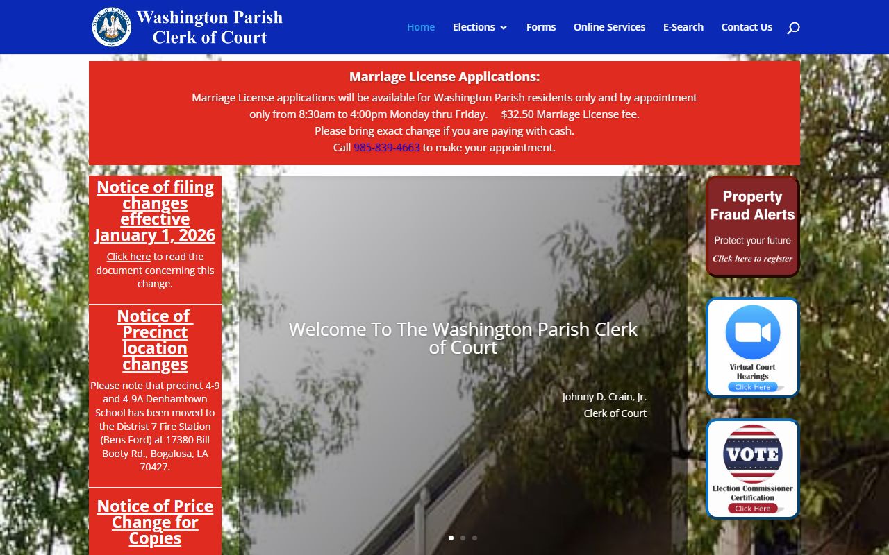 Washington Parish Clerk of Court homepage for unclaimed property records