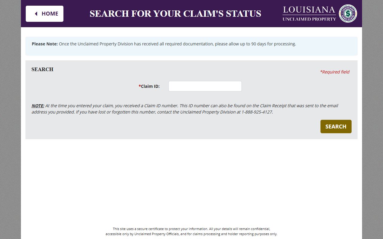 Louisiana unclaimed money claim status check page