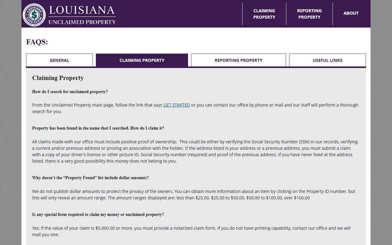 Louisiana unclaimed money frequently asked questions page from the Treasury