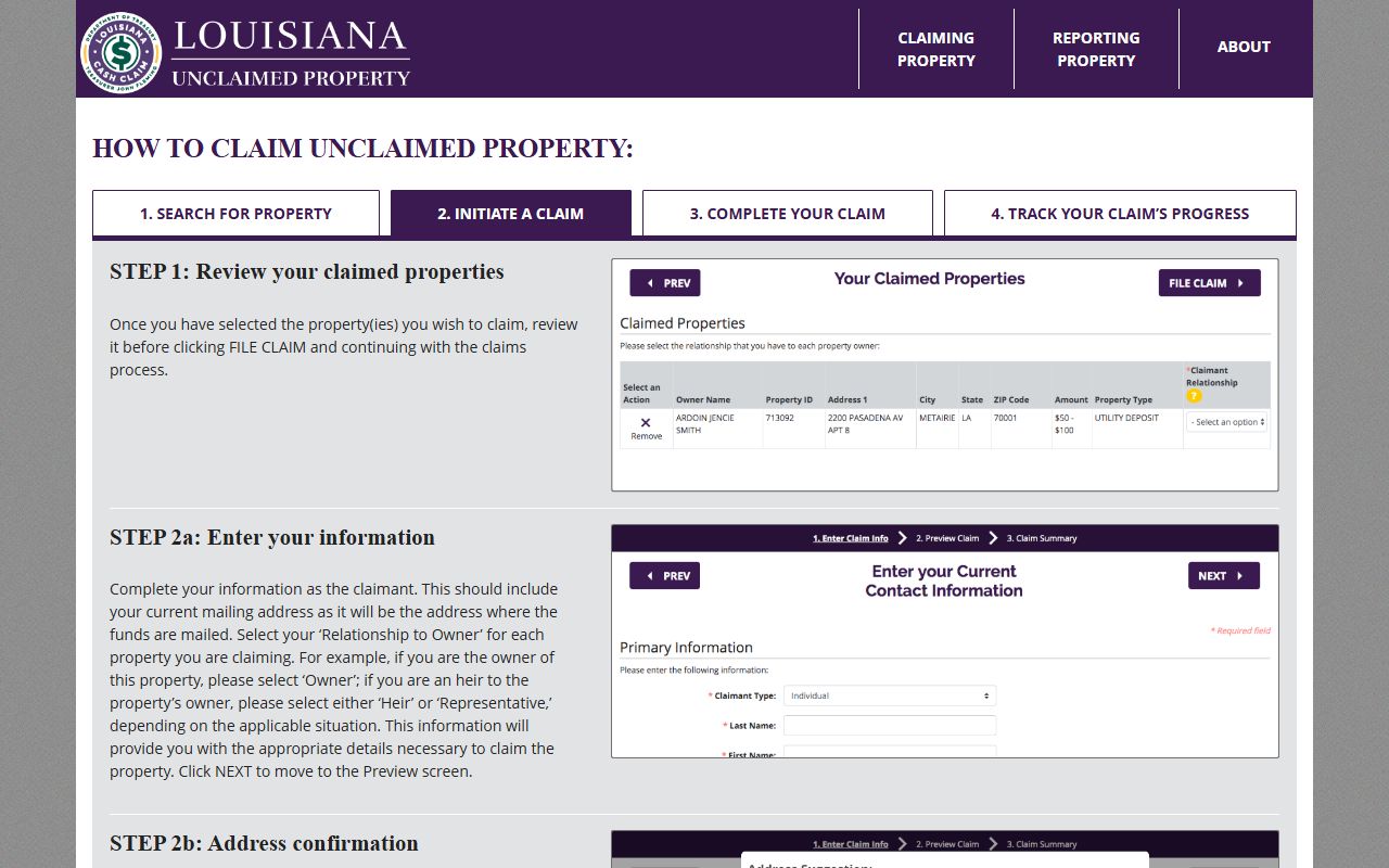 Louisiana unclaimed money claim submission page with step by step instructions