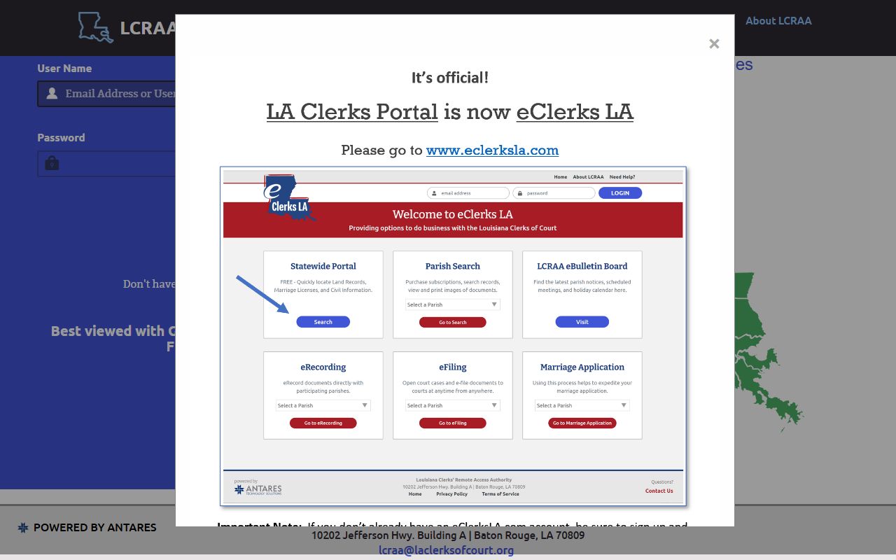 Louisiana Clerks Remote Access Authority LCRAA portal