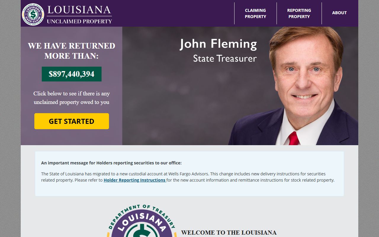 Louisiana unclaimed money main search portal showing over $878 million returned